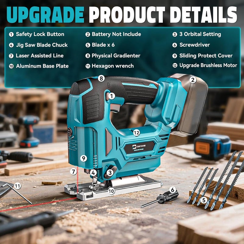 Cerycose Jig Saw Compatible with Makita 18V Battery, Laser Guide Cordless Jigsaw Tool, Brushless Motor, Variable Speed, 45° Bevel Angle Cut, LED Light, 3 Orbital Sets, 6PCS Blades (No Battery) - Image 2